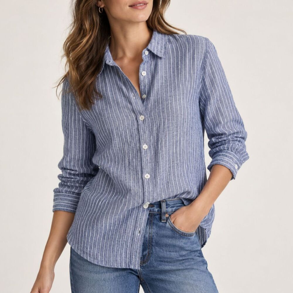 Quince 100% European Linen Chambray Stripe Shirt Sustainable Coastal Preppy